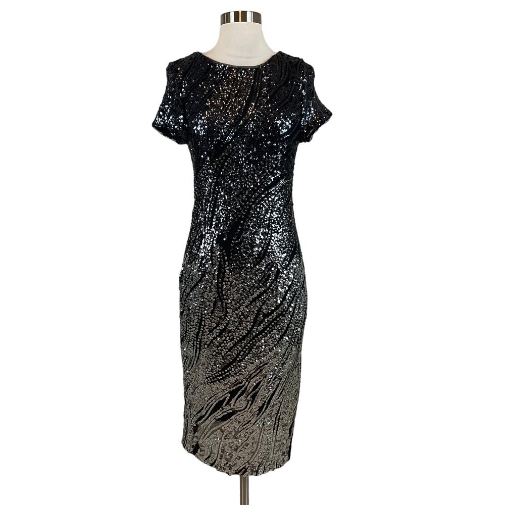 Betsy & Adam Black and Silver Cocktail Dress Sequin Sparkly Midi Sheath Size 10 - Picture 2 of 10